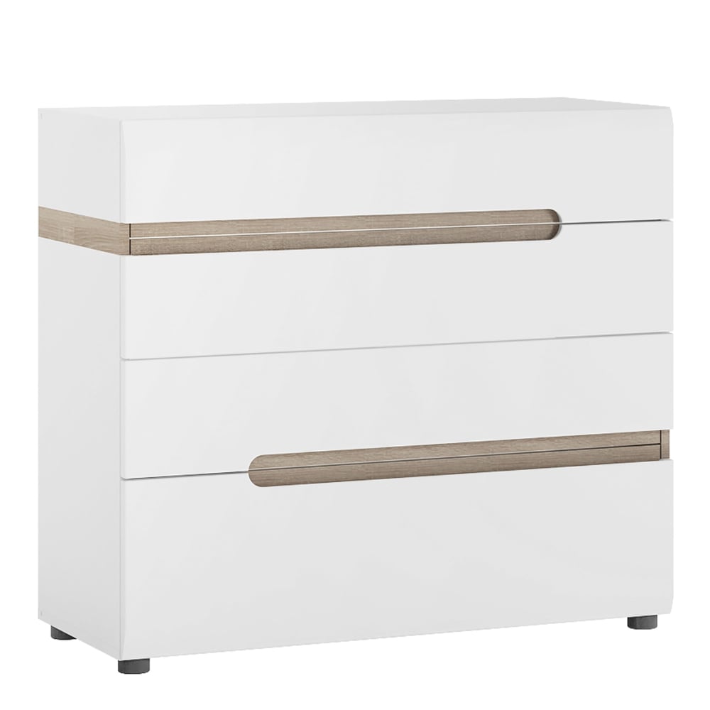 cheya high gloss chest of 4 drawers in white and truffle oak