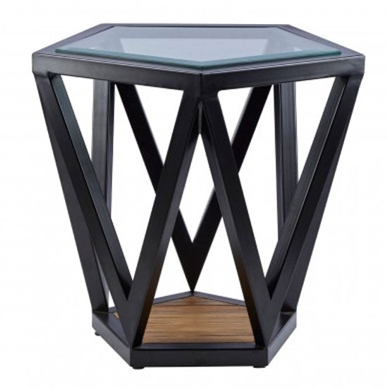 Product photograph of Ciao Clear Glass Top Pentagon Side Table With Black Metal Base from Furniture in Fashion