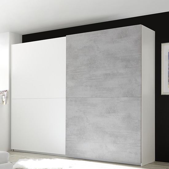 Read more about Civic slide door wardrobe in matt white and cement effect