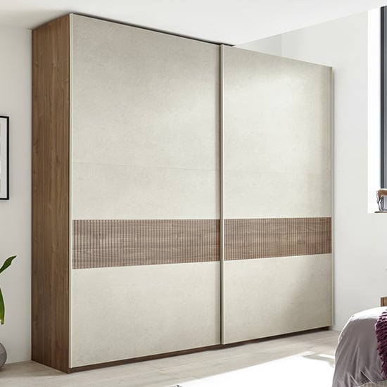 Read more about Civica wide sliding door wardrobe in dark walnut and serigraphed