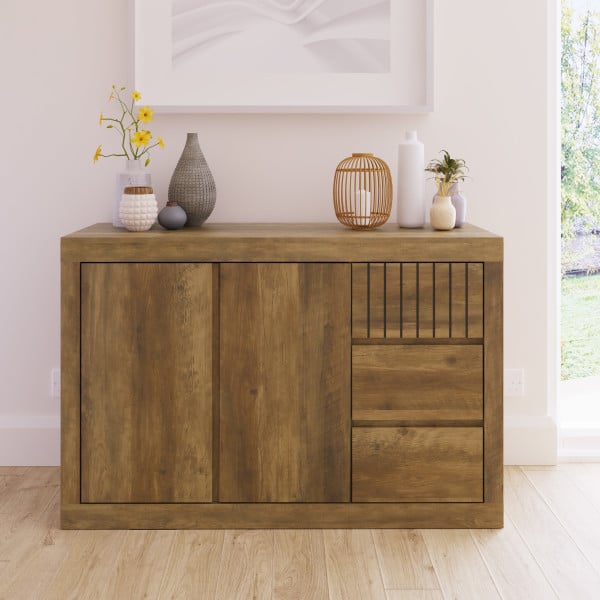 Photo of Clive wooden sideboard with 2 doors 3 drawers in knotty oak