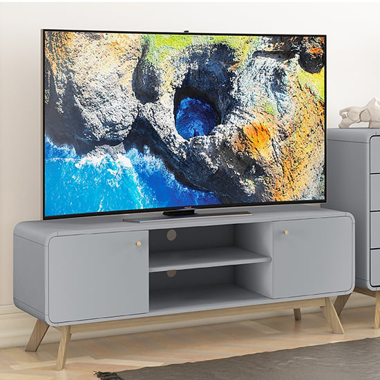 clive wooden tv stand with 2 doors in grey