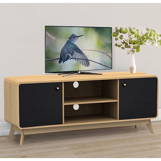 clive wooden tv stand with 2 doors in oak and black