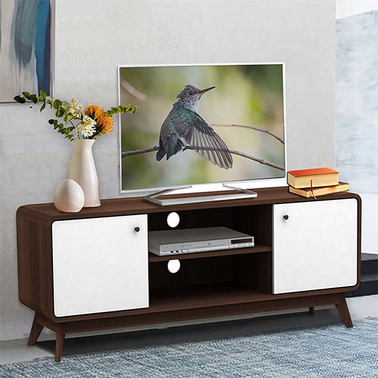 clive wooden tv stand with 2 doors in walnut and white