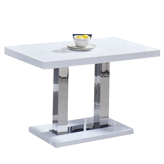 Product photograph of Coco High Gloss Dining Table In White With Chrome Supports from Furniture in Fashion