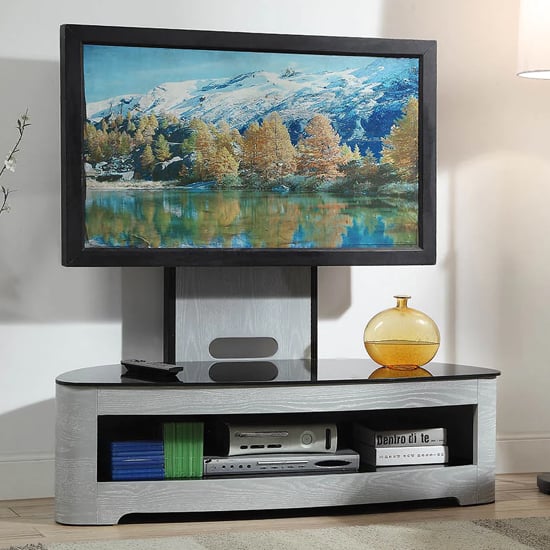 Photo of Cohen curved cantilever tv stand in grey ash and black glass