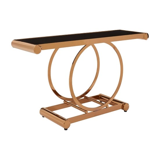Read more about Columbus black glass console table with rose gold frame