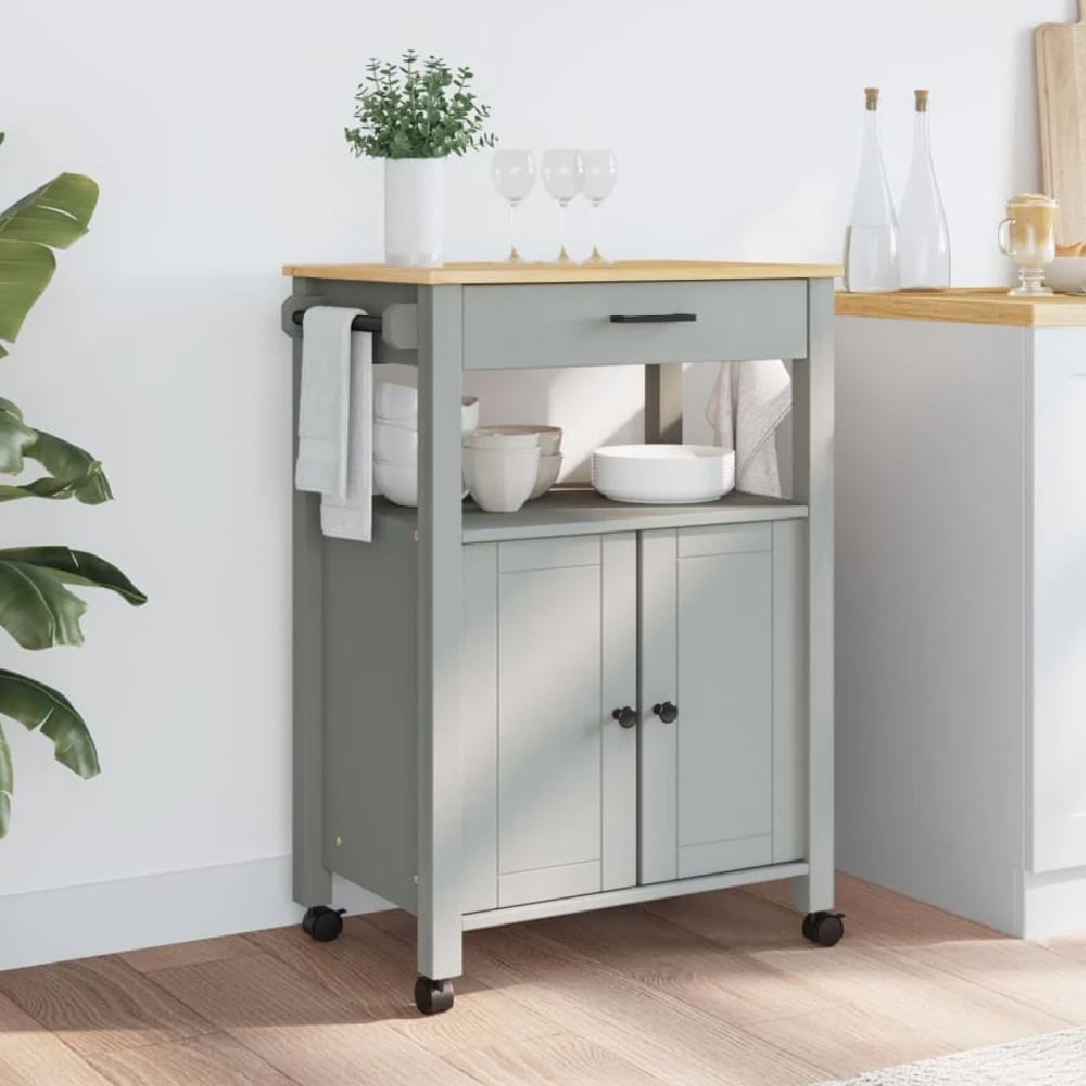 Read more about Colville wooden small kitchen trolley with 2 doors in grey brown