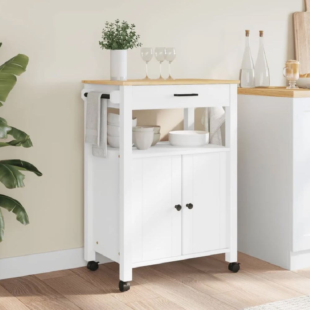 Read more about Colville wooden small kitchen trolley with 2 doors in white brown