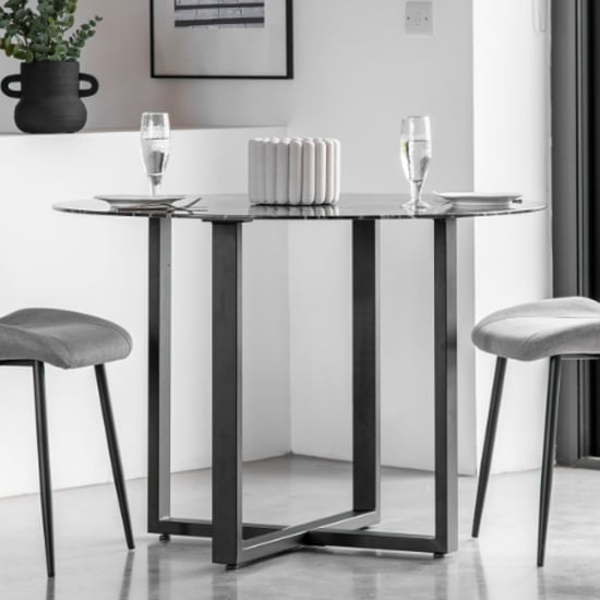 Product photograph of Conoly Round Glass Dining Table In Black Marble Effect from Furniture in Fashion