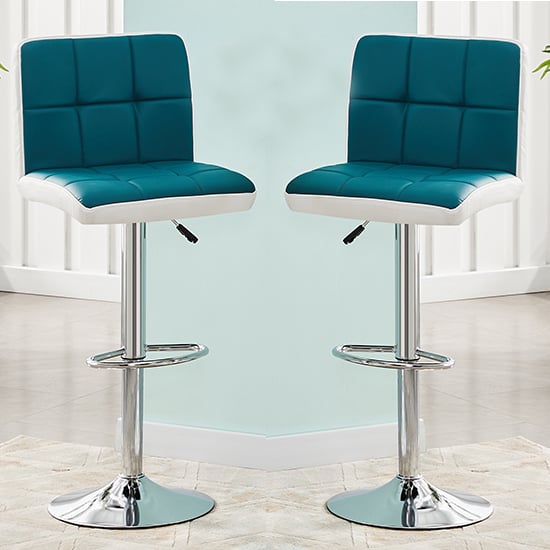 Photo of Copez teal and white faux leather bar stools in pair