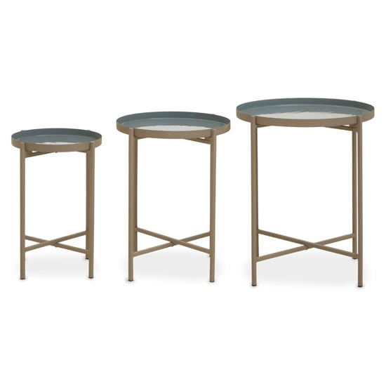 Read more about Cordue grey enamel set of 3 side tables with gold metal legs