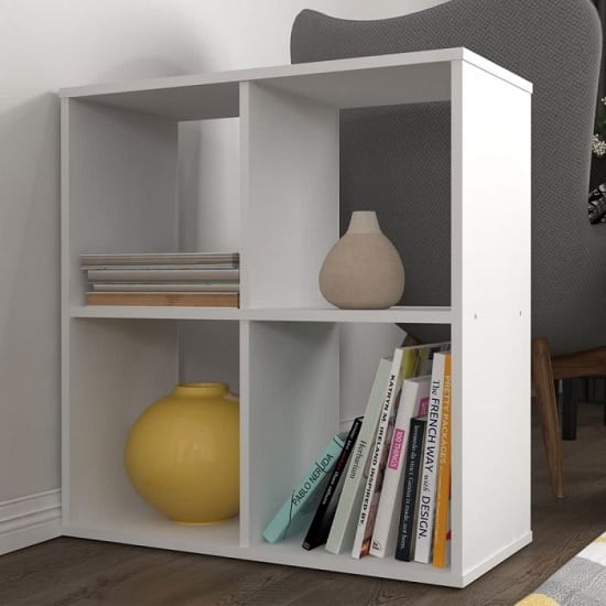 Read more about Corfu wooden shelving unit in white with 4 compartments