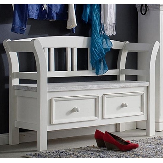 Read more about Corrin trendy wooden shoe bench in white with 2 drawers