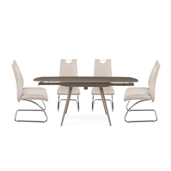 Read more about Cortina extendable glass dining table in taupe 4 champagne chair