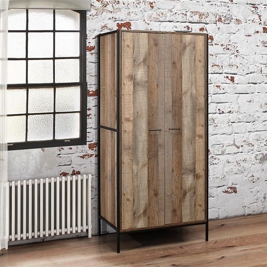 View Coruna wooden wardrobe in rustic and metal frame with 2 doors