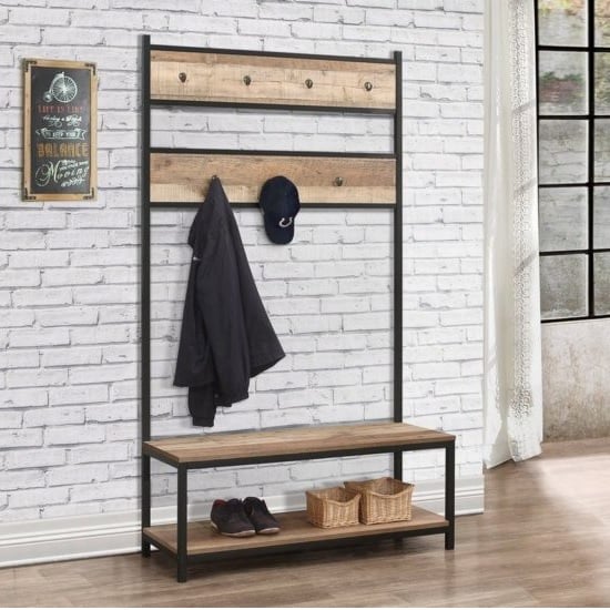 Product photograph of Coruna Wooden Coat Rack And Bench In Rustic And Metal Frame from Furniture in Fashion