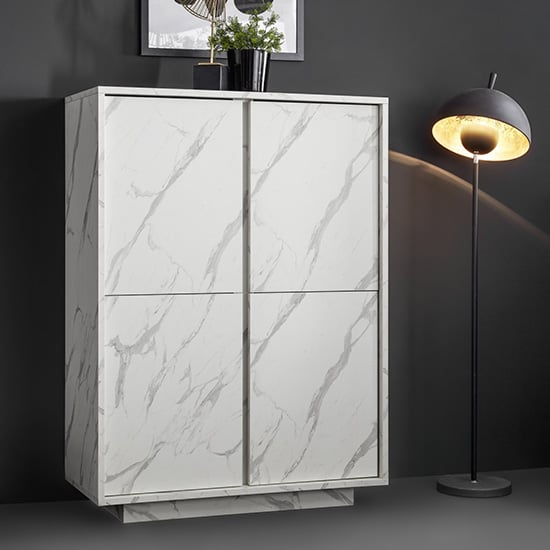 Product photograph of Corvi Wooden Highboard In White Marble Effect With 4 Doors from Furniture in Fashion