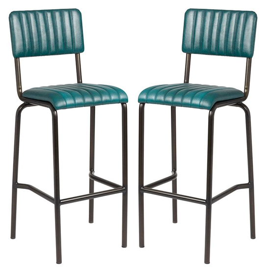 Product photograph of Corx Ribbed Vintage Teal Faux Leather Bar Stools In Pair from Furniture in Fashion