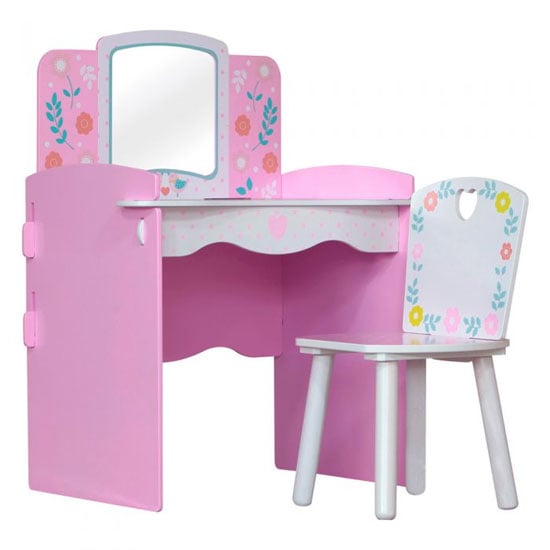 Read more about Country cottage kids dressing table in pink and white with chair