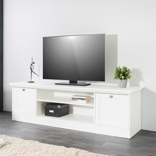 Photo of Country wooden tv stand in white with 2 doors