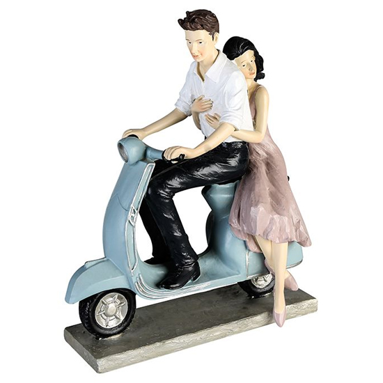 Read more about Couple on scooter poly design sculpture in light blue and white