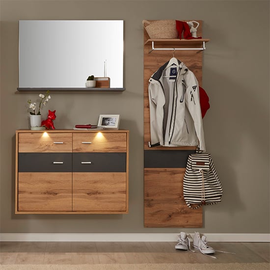 Coyco LED Wall Hung Shoe Storage Cabinet In Wotan Oak And Grey ...