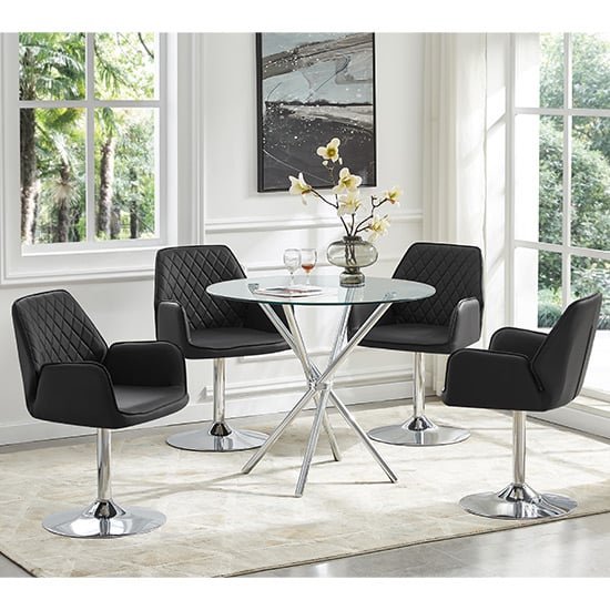 Read more about Criss cross glass dining table with 4 bucketeer black chairs