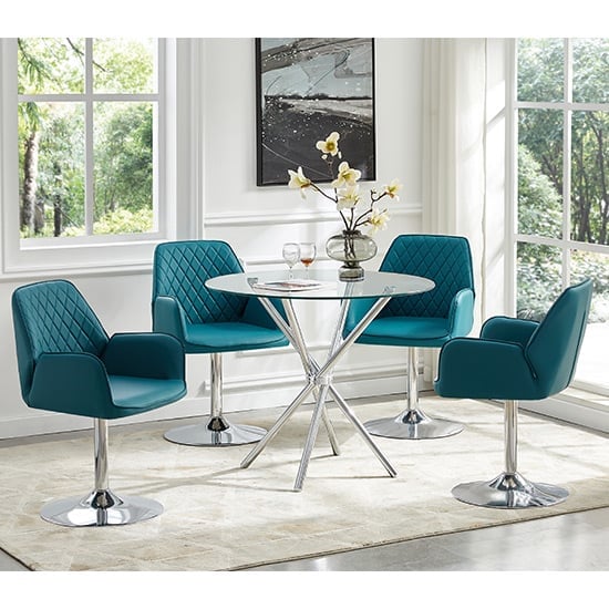 Read more about Criss cross glass dining table with 4 bucketeer teal chairs