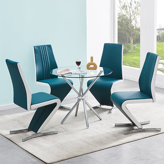 Read more about Criss cross glass dining table with 4 gia teal white chairs