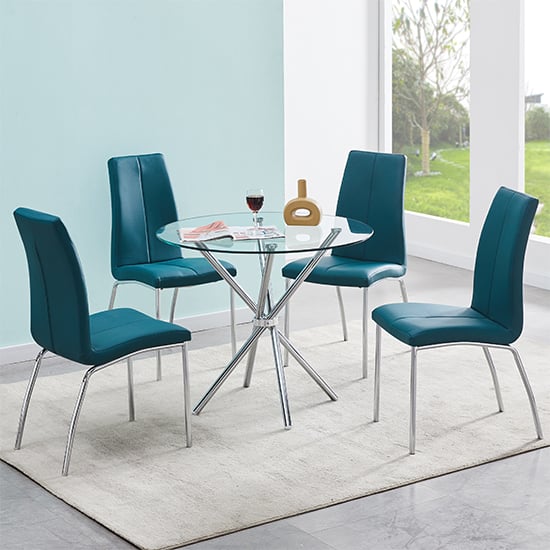 Read more about Criss cross glass dining table with 4 opal teal chairs