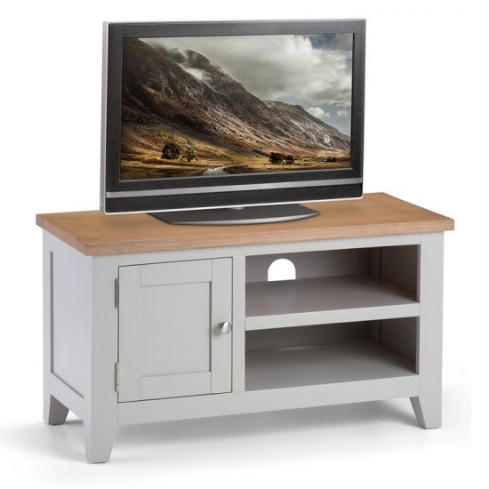 Photo of Raisie wooden tv stand in oak top and grey with 1 door