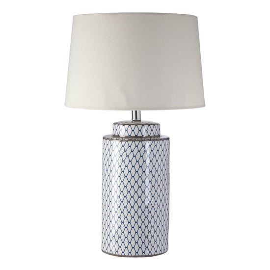 Photo of Crola cream fabric shade table lamp with white cylindrical base