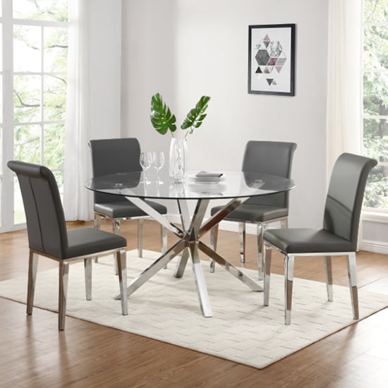 Product photograph of Crossley Round Glass Dining Set With 4 Kirkland Grey Chairs from Furniture in Fashion