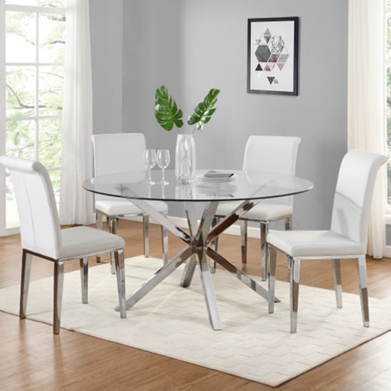 Product photograph of Crossley Round Glass Dining Set With 4 Kirkland White Chairs from Furniture in Fashion