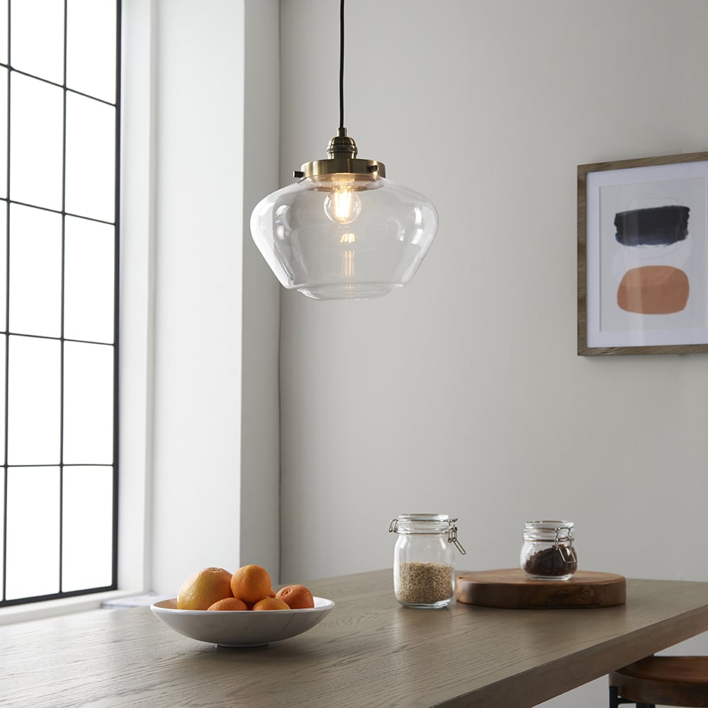 Product photograph of Crowley Clear Glass Pendant Ceiling Light In Antique Brass from Furniture in Fashion