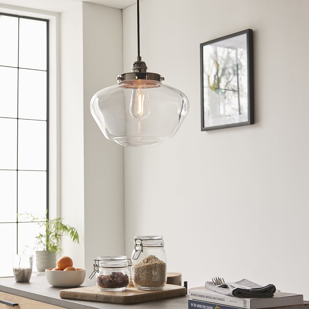 Product photograph of Crowley Clear Glass Pendant Ceiling Light In Bright Nickel from Furniture in Fashion