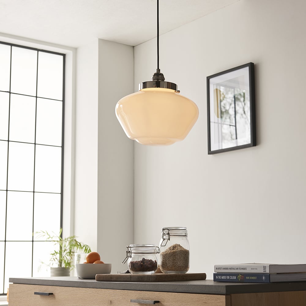 Product photograph of Crowley Opal Glass Pendant Ceiling Light In Bright Nickel from Furniture in Fashion