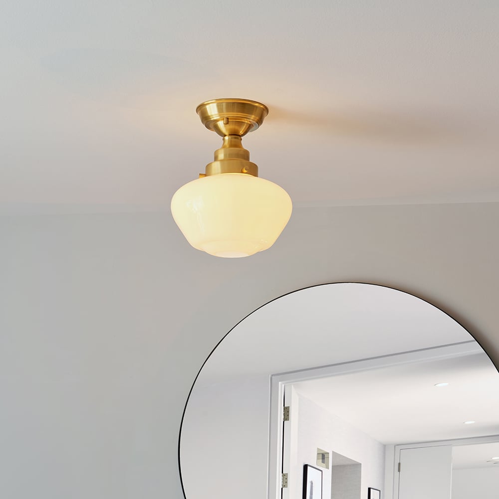 Read more about Crowley opal glass semi-flush ceiling light in brass