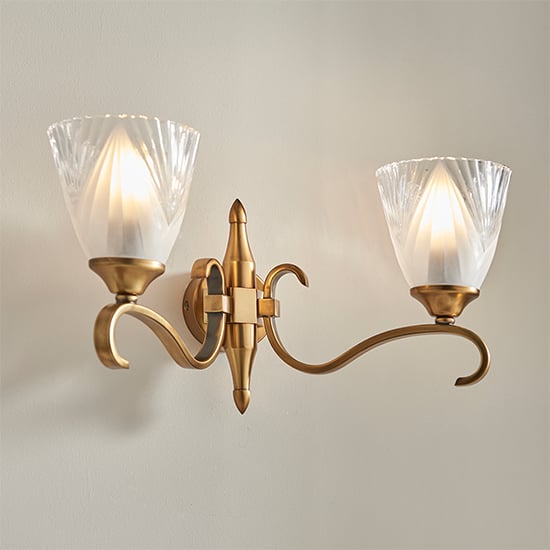 Product photograph of Cua Twin Wall Light In Antique Brass With Deco Glass from Furniture in Fashion