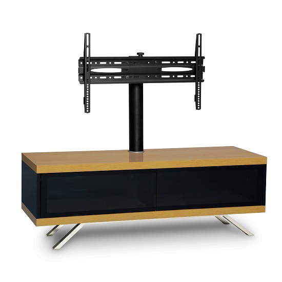 Cubic TV Stand In Black Gloss With Oak Top And Bottom Panel