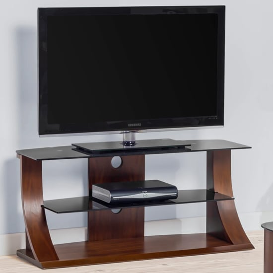 Photo of Curved shape plasma tv stand in walnut with black glass