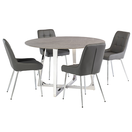 Photo of Dacia round 130cm grey marble dining table 4 aggie grey chairs