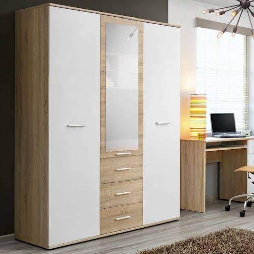 dania wooden wardrobe with 3 doors in matt white and oak