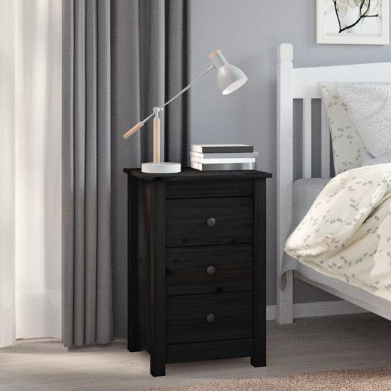 Read more about Danik pine wood bedside cabinet with 3 drawers in black