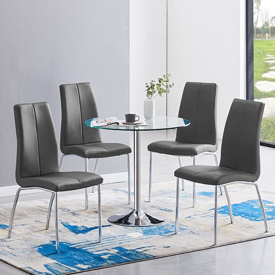 Read more about Dante clear glass dining table with 4 opal grey chairs