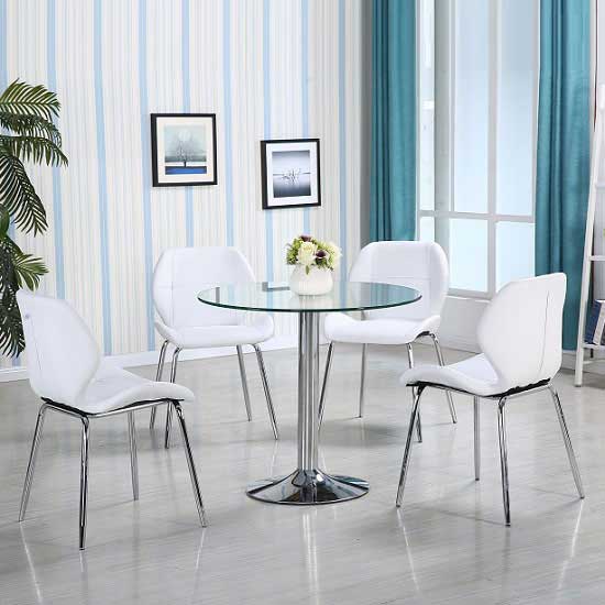 Read more about Dante glass dining table in clear with 4 white dinky chairs