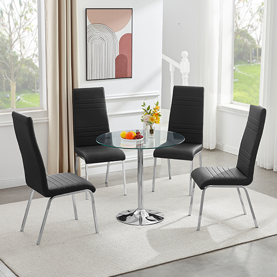 Read more about Dante round clear glass dining table with 4 dora black chairs