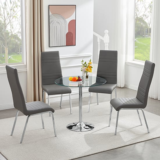 Product photograph of Dante Round Clear Glass Dining Table With 4 Dora Grey Chairs from Furniture in Fashion