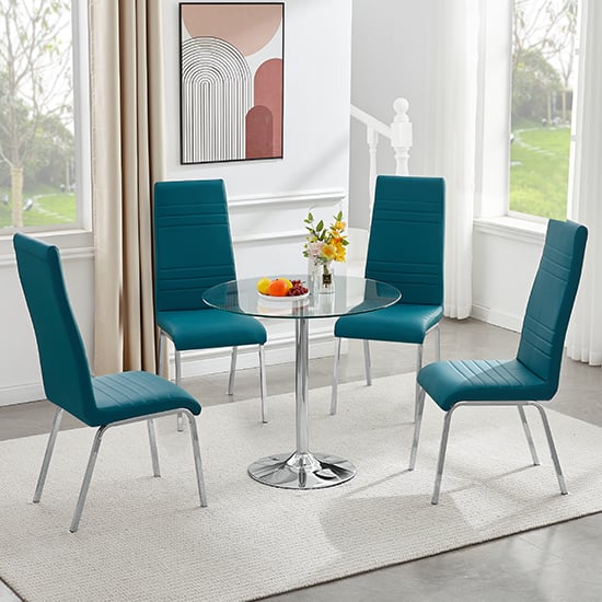 Product photograph of Dante Round Clear Glass Dining Table With 4 Dora Teal Chairs from Furniture in Fashion